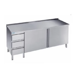 Arbejdsskab med låger og tre skuffer - med bagkant - 700 mm x 1400 mm -0