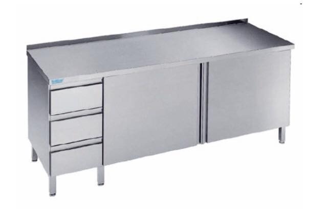 Arbejdsskab med låger og tre skuffer - med bagkant - 700 mm x 1400 mm -0